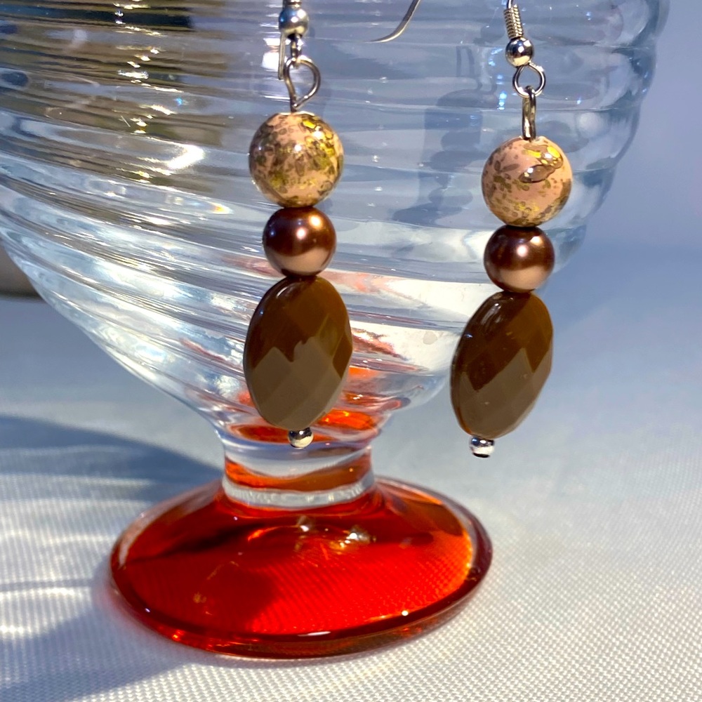Handcrafted Dangle Drop Three Beads in Brown Hues Earrings For Everyday Wear